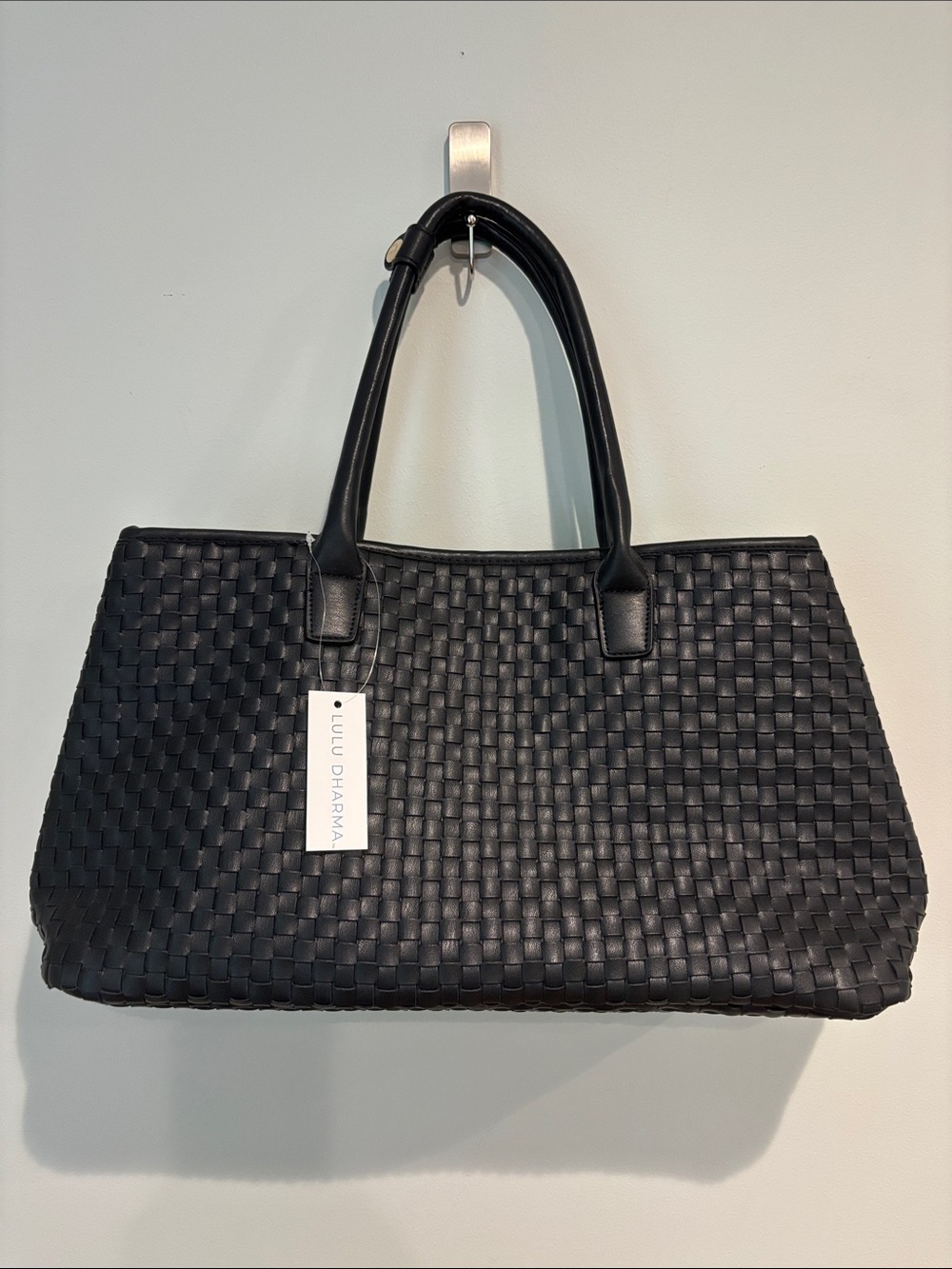 NWT Lulu Dharma Black Woven Vegan Leather Tote Bag Large